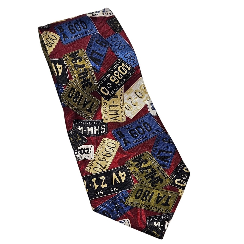 DIMODA‎ Hand Made Mens Novelty Necktie License Plate Pattern Burgundy